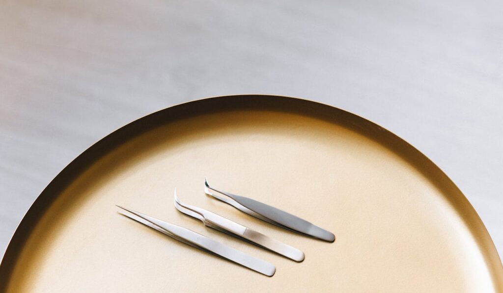 Eyelash Extension Tweezers on Gold Tray